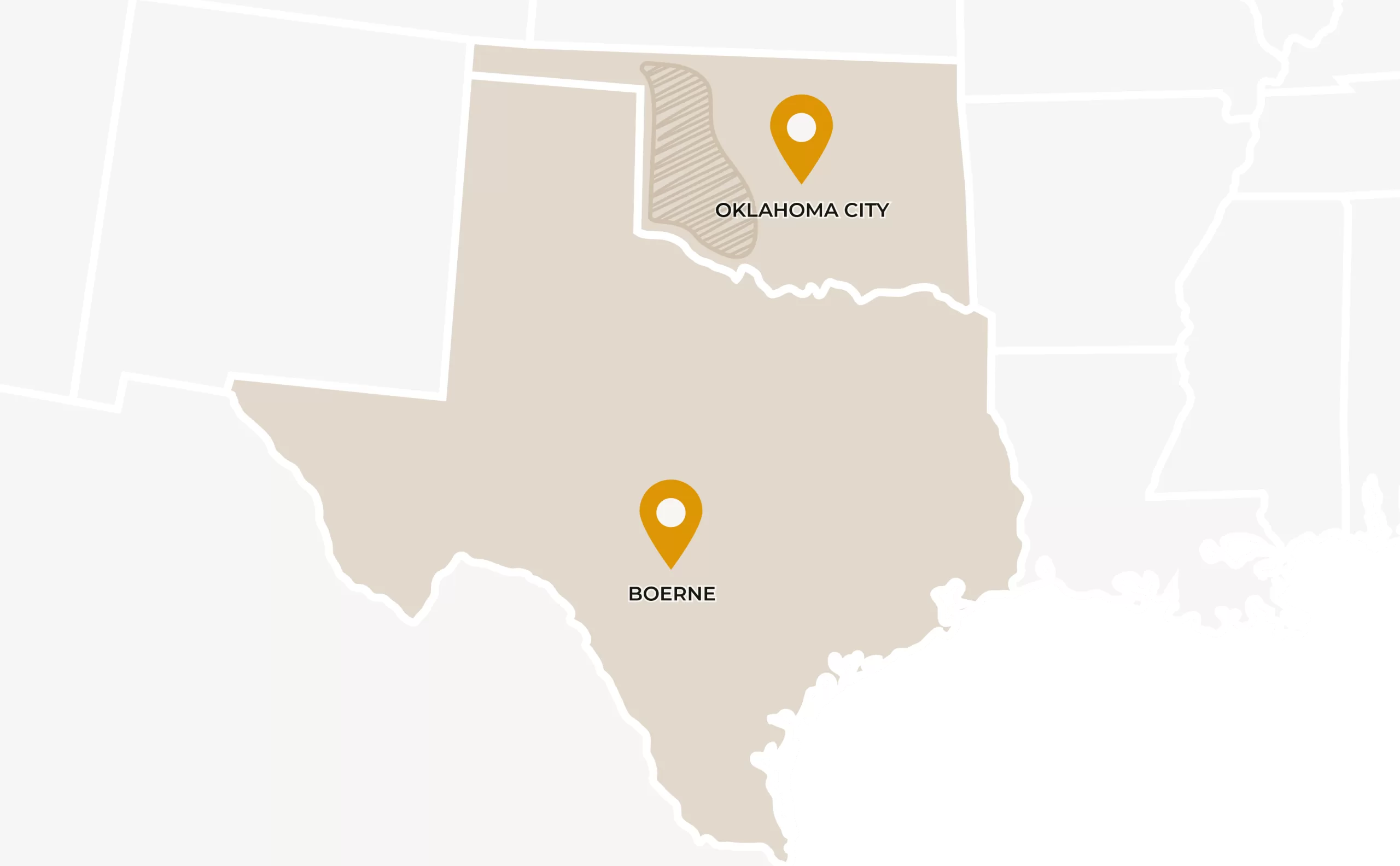 Stylized map showing Oklahoma City and Boerne, TX.